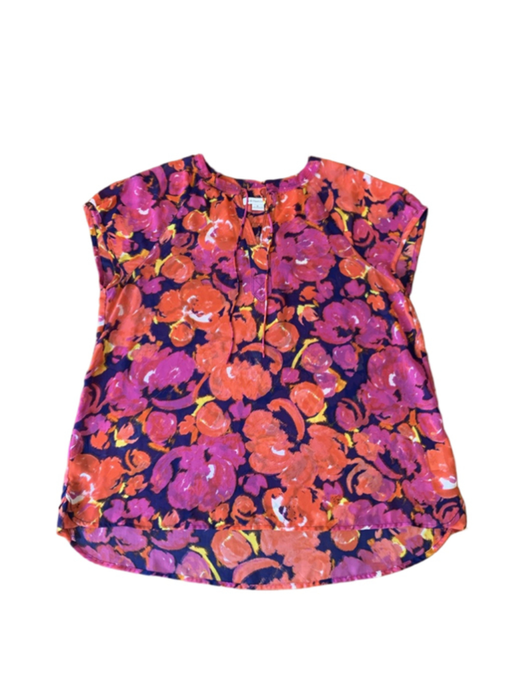 Liz Claiborne Top XL Pink Orange Navy Floral Blouse